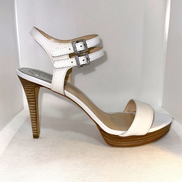Vince Camuto Strappy White Stilettos with Stacked Wood Heel Sz 9.5 - EUC - Picture 5 of 13